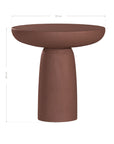 Tarran side table in cinnabar clay finish with rounded top and sculptural cylindrical leg.