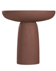 Tarran side table in cinnabar clay finish with rounded top and sculptural cylindrical leg.