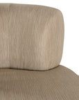 A contemporary taupe upholstered lounge chair with a low-profile design and curved backrest. This modern, armless seating piece features a smooth, rounded silhouette, making it a stylish and comfortable addition to any living space