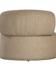 A contemporary taupe upholstered lounge chair with a low-profile design and curved backrest. This modern, armless seating piece features a smooth, rounded silhouette, making it a stylish and comfortable addition to any living space