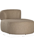 A contemporary taupe upholstered lounge chair with a low-profile design and curved backrest. This modern, armless seating piece features a smooth, rounded silhouette, making it a stylish and comfortable addition to any living space