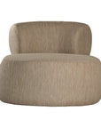 A contemporary taupe upholstered lounge chair with a low-profile design and curved backrest. This modern, armless seating piece features a smooth, rounded silhouette, making it a stylish and comfortable addition to any living space