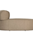A contemporary taupe upholstered lounge chair with a low-profile design and curved backrest. This modern, armless seating piece features a smooth, rounded silhouette, making it a stylish and comfortable addition to any living space