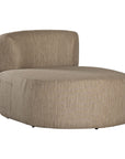 A contemporary taupe upholstered lounge chair with a low-profile design and curved backrest. This modern, armless seating piece features a smooth, rounded silhouette, making it a stylish and comfortable addition to any living space