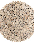 A round coffee table crafted from natural teak branches, arranged in a drum-style design. The organic texture and neutral tones make it a statement piece for coastal and contemporary interiors