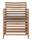 A contemporary teak outdoor dining chair featuring a striking slatted design and a taupe seat cushion for added comfort. Perfect for stylish alfresco dining