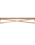 Natural timber teak wooden bench seat with a minimalist cross-brace design, suitable for indoor and outdoor living spaces