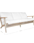 Kulala Living three-seater teak sofa with plush white cushions, combining timeless craftsmanship with relaxed elegance. Perfect for contemporary and coastal-inspired interiors