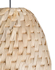 Natural woven pendant light with textured basket weave design, perfect for coastal and relaxed living spaces