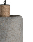 Rustic textured paper mache pendant light with a raw, organic finish and a natural rope accent, ideal for adding earthy elegance to modern interiors