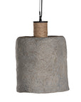 Rustic textured paper mache pendant light with a raw, organic finish and a natural rope accent, ideal for adding earthy elegance to modern interiors