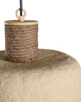 Rustic textured paper mache pendant light with a raw, organic finish and a natural rope accent, ideal for adding earthy elegance to modern interiors