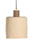 Rustic textured paper mache pendant light with a raw, organic finish and a natural rope accent, ideal for adding earthy elegance to modern interiors