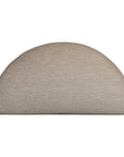 Curved upholstered ottoman with natural textured fabric and subtle black feet, ideal for contemporary living spaces
