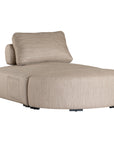 Curved upholstered ottoman with natural textured fabric and subtle black feet, ideal for contemporary living spaces