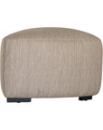 Curved upholstered ottoman with natural textured fabric and subtle black feet, ideal for contemporary living spaces