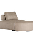 Curved upholstered ottoman with natural textured fabric and subtle black feet, ideal for contemporary living spaces