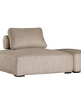 Curved upholstered ottoman with natural textured fabric and subtle black feet, ideal for contemporary living spaces