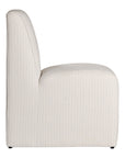 Elegant white upholstered dining chair with a modern, curved silhouette and a seamless design, perfect for contemporary and minimalist outdoors