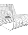 Sleek white rattan lounge chair with a modern curved silhouette and sturdy metal frame, perfect for outdoor or indoor relaxation spaces
