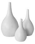 Set of three elegant white cement vases in varying sizes, featuring a smooth, teardrop-shaped design with a modern minimalist aesthetic. Perfect for adding a refined touch to any space.