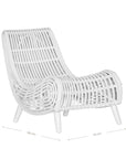 A sculptural white rattan lounge chair with a curved, low-profile silhouette and sleek wooden legs. The woven design adds texture, while the deep seat and ergonomic shape offer comfort and relaxation