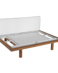 A contemporary armless sofa with plush white cushions and a sturdy natural teak wood frame. This minimalist lounge piece offers versatile seating, perfect for modern living spaces or outdoor settings