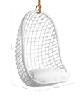 A stylish white hanging chair with an open-weave design, suspended by a natural rope and featuring a plush white cushion for ultimate relaxation