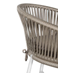 White natural outdoor bar chair featuring a woven rope backrest and sleek metal legs, designed for modern alfresco dining and stylish patio settings