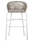 White natural outdoor bar chair featuring a woven rope backrest and sleek metal legs, designed for modern alfresco dining and stylish patio settings