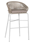 White natural outdoor bar chair featuring a woven rope backrest and sleek metal legs, designed for modern alfresco dining and stylish patio settings