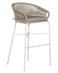 White natural outdoor bar chair featuring a woven rope backrest and sleek metal legs, designed for modern alfresco dining and stylish patio settings