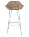 White natural rattan bar chair with curved back and slim metal legs, perfect for modern and stylish dining settings
