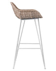 White natural rattan bar chair with curved back and slim metal legs, perfect for modern and stylish dining settings