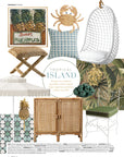 White rattan hanging chair with cushion, suspended from a rope, perfect for indoor and outdoor spaces. Adore magazine 2024 page spread collage