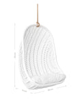 White rattan hanging egg chair with a plush white cushion, featuring a woven open-weave design and sturdy rope for a stylish and relaxing indoor or outdoor seating option