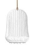 White rattan hanging egg chair with a plush white cushion, featuring a woven open-weave design and sturdy rope for a stylish and relaxing indoor or outdoor seating option