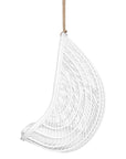 White rattan hanging egg chair with a plush white cushion, featuring a woven open-weave design and sturdy rope for a stylish and relaxing indoor or outdoor seating option