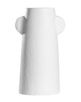 White sculptural vase with unique handles, adding a touch of contemporary elegance to home decor