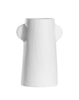 White sculptural vase with unique handles, adding a touch of contemporary elegance to home decor