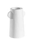 White sculptural vase with unique handles, adding a touch of contemporary elegance to home decor