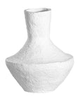 A sculptural white decorative vase with a textured finish, adding an organic, artisanal touch to modern interiors