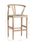 A natural timber wishbone bar stool with a handwoven rope seat, featuring a curved backrest and minimalist Scandinavian-inspired design. Crafted for both comfort and style, this versatile piece is perfect for modern coastal and contemporary interiors