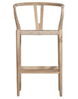 A natural timber wishbone bar stool with a handwoven rope seat, featuring a curved backrest and minimalist Scandinavian-inspired design. Crafted for both comfort and style, this versatile piece is perfect for modern coastal and contemporary interiors