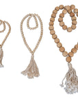 Natural wood bead garland with tassel, perfect for adding rustic charm and texture to home decor