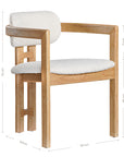Contemporary wooden arm chair with a natural oak frame and boucle upholstered seat and backrest, designed for modern comfort and style
