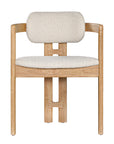 Contemporary wooden arm chair with a natural oak frame and boucle upholstered seat and backrest, designed for modern comfort and style