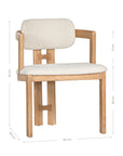 Contemporary wooden dining chair with a natural oak frame and boucle upholstered seat and backrest, designed for modern comfort and style
