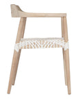 Wooden dining chair with leather woven seat and curved backrest, showcasing artisanal craftsmanship and rustic elegance