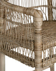 A handcrafted woven rattan bar stool with a natural timber frame, featuring an intricate open-weave design and a curved backrest for stylish comfort